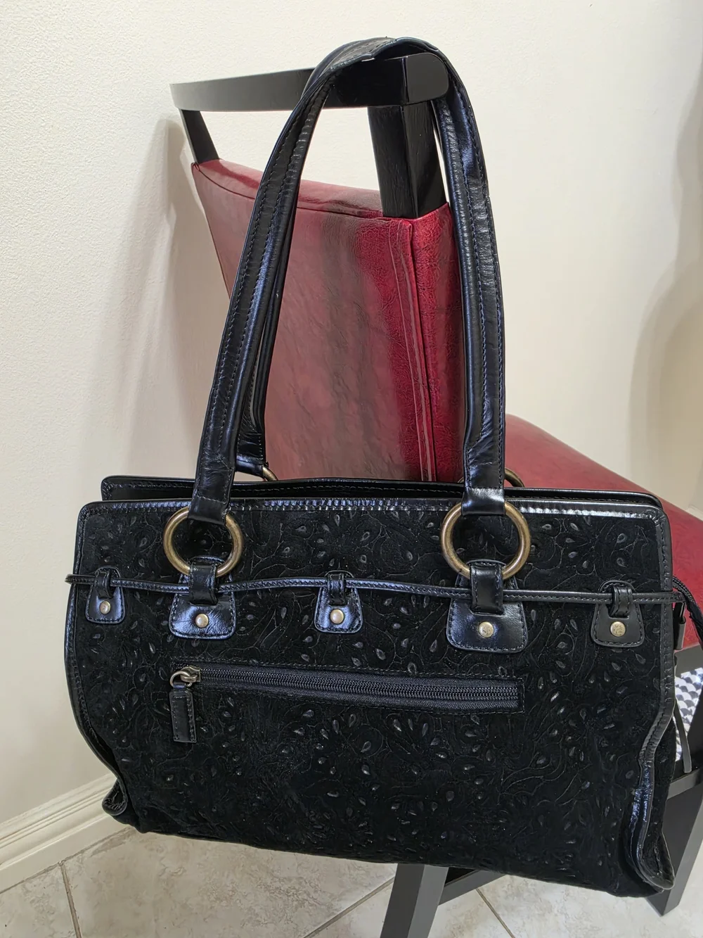 Black Embossed Leather Shoulder Bag with Buckle Pockets